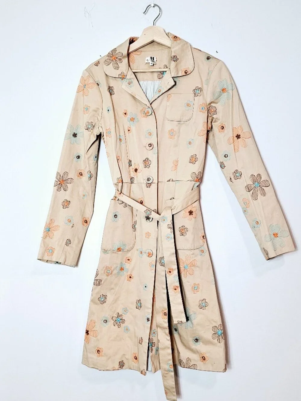 Vintage USA C Ruth Whimsical Embroidered Flower Power Belted Trench Coat Size 4